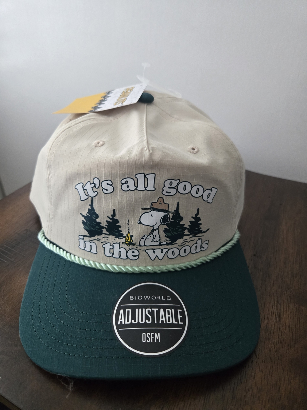 Peanuts Beige and Forest Green 'It's all good in the woods' Hat. NWT